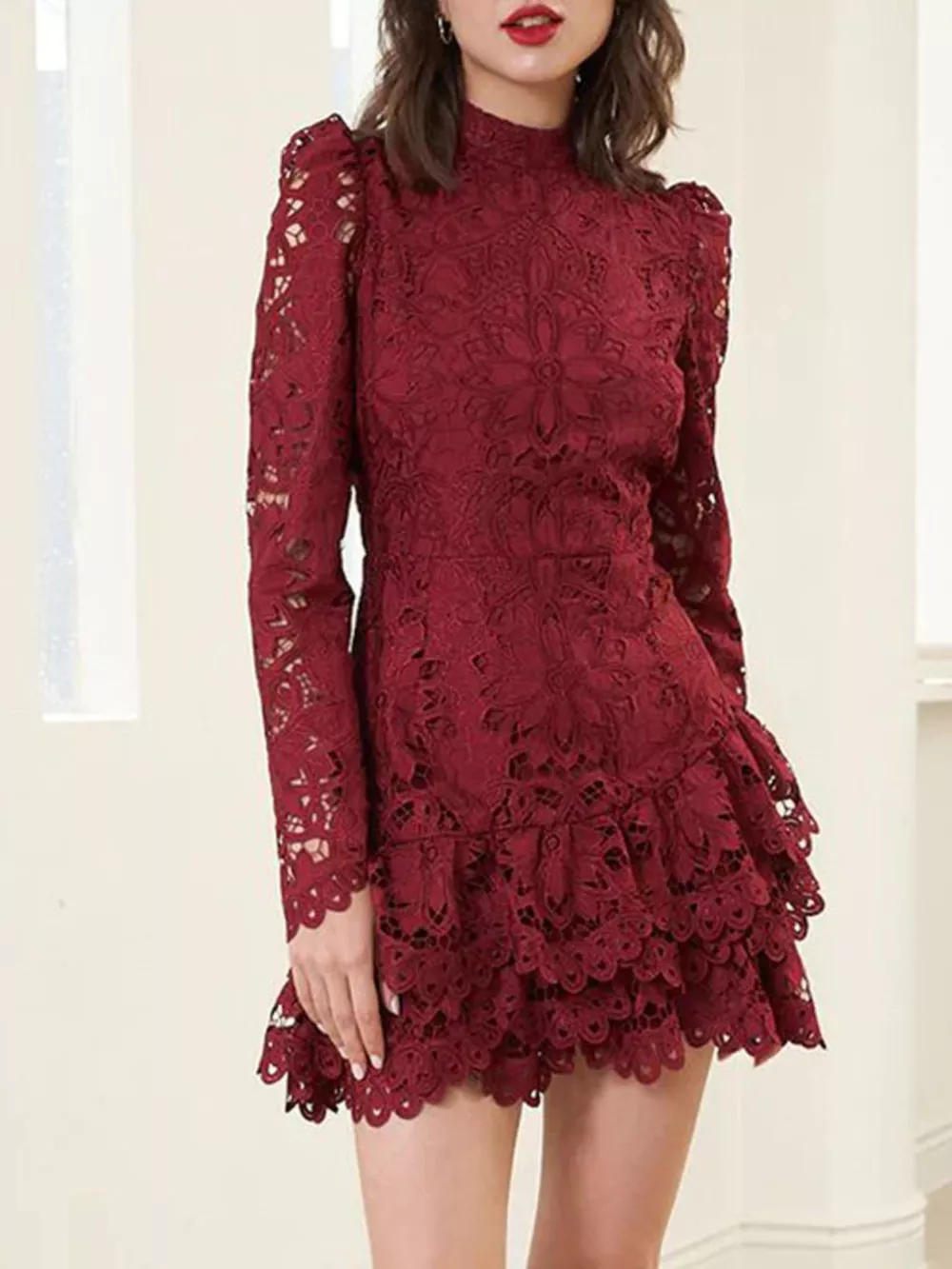 Lace Mock Neck Long Sleeve Mini Dress, image 2