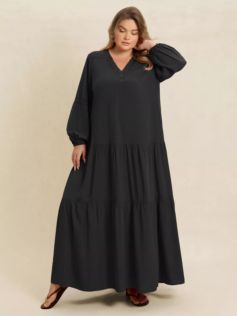 Plus Size Bohemian Tiered Maxi Dress with Balloon Sleeves, image 22