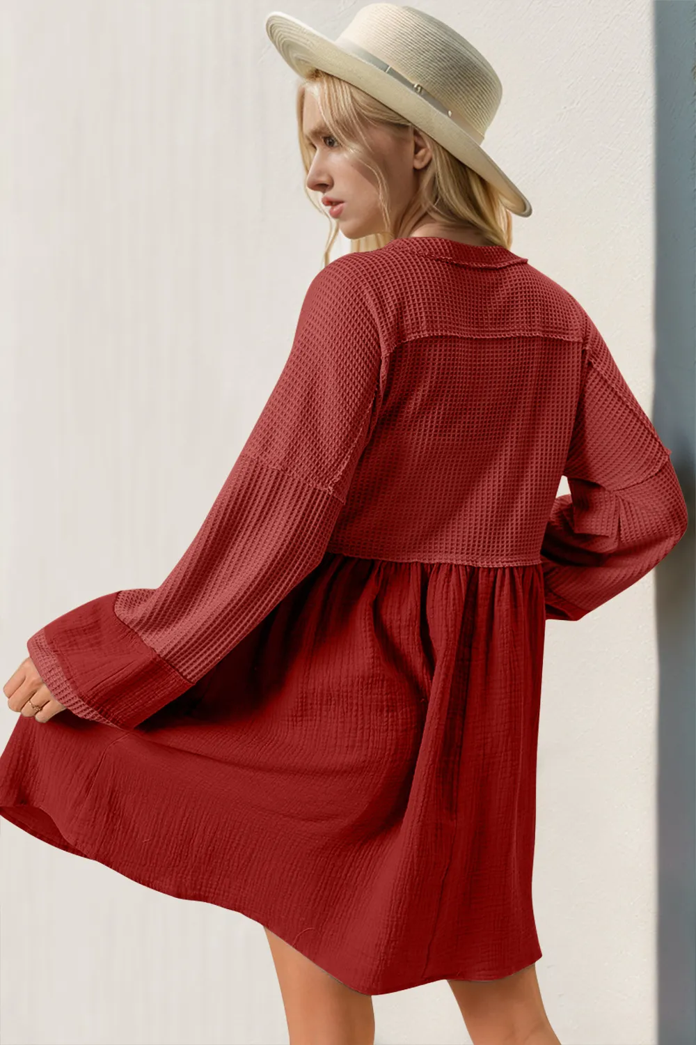 Waffle-Knit Contrast Half Button V-Neck Long Sleeve Mini Dress, image 2