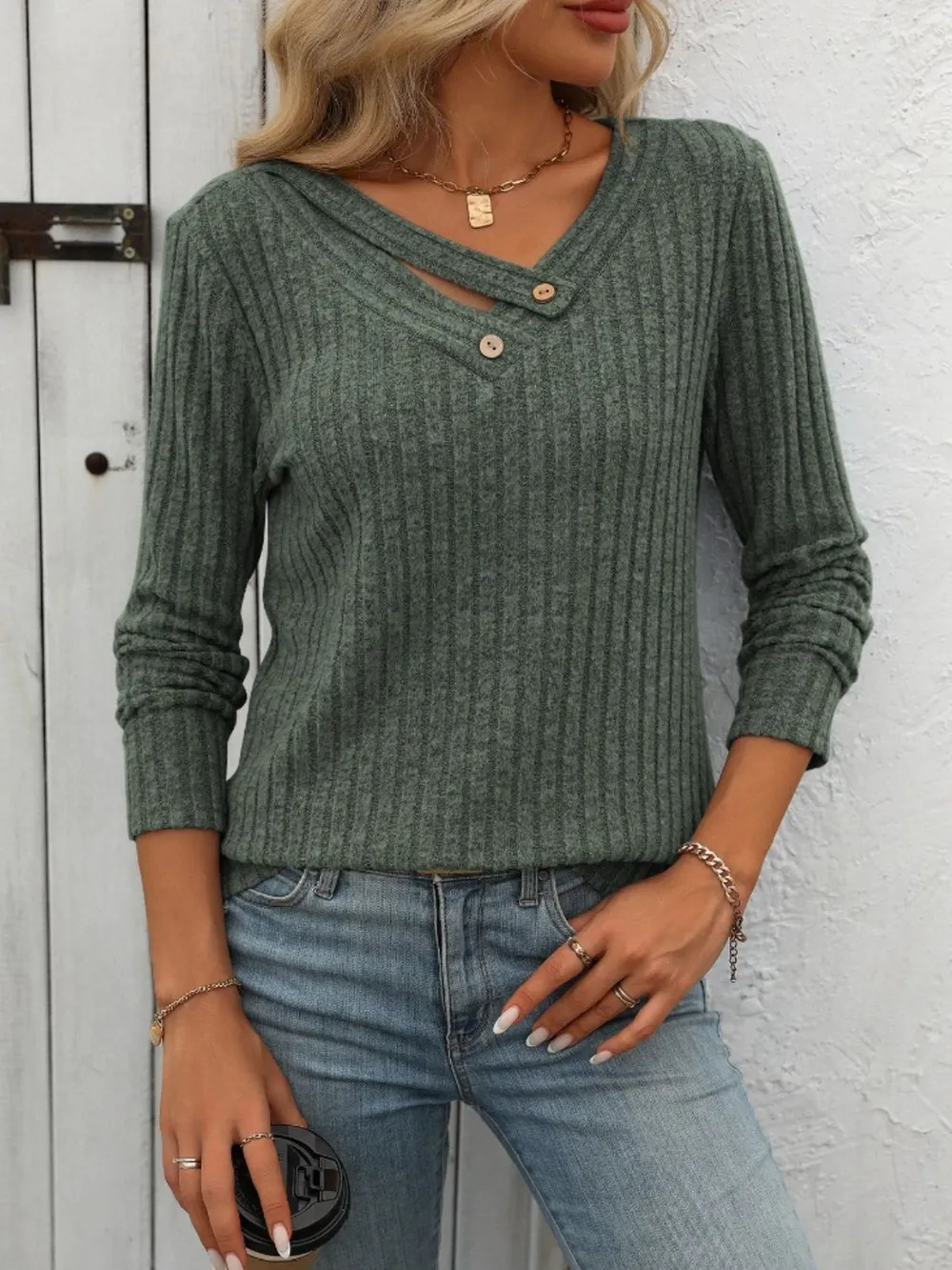 Ribbed V-Neck Long Sleeve T-Shirt, image 12