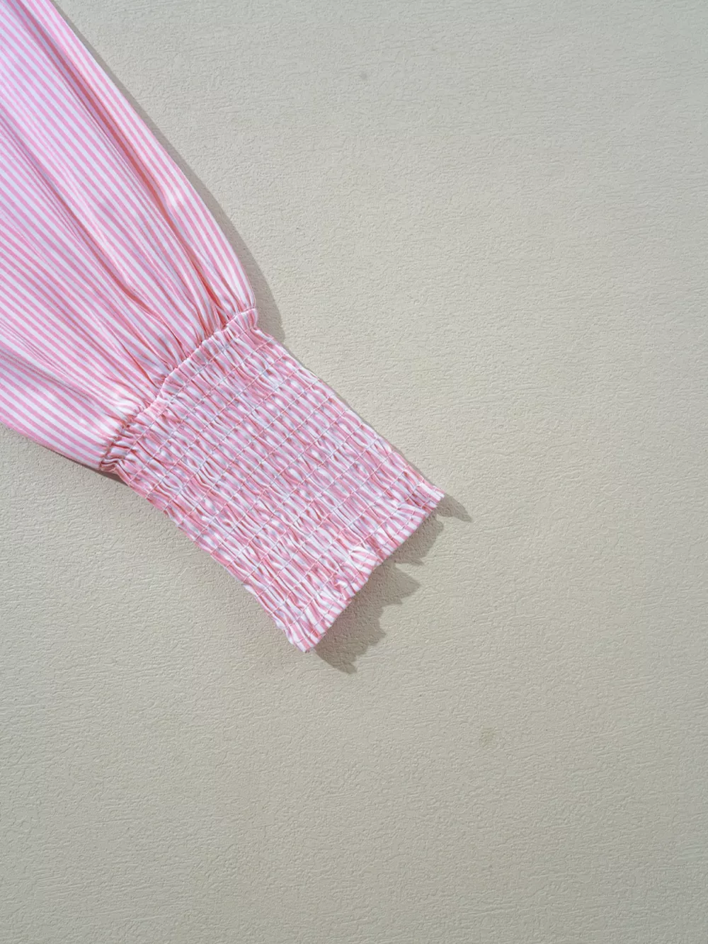 Pinstripe Long Sleeve Smocked Cuffs Button Shirt Collar Blouse, image 10