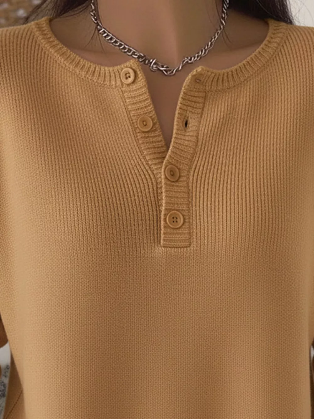 Full Size Half Button Long Sleeve Knit Top Plus Size, image 19