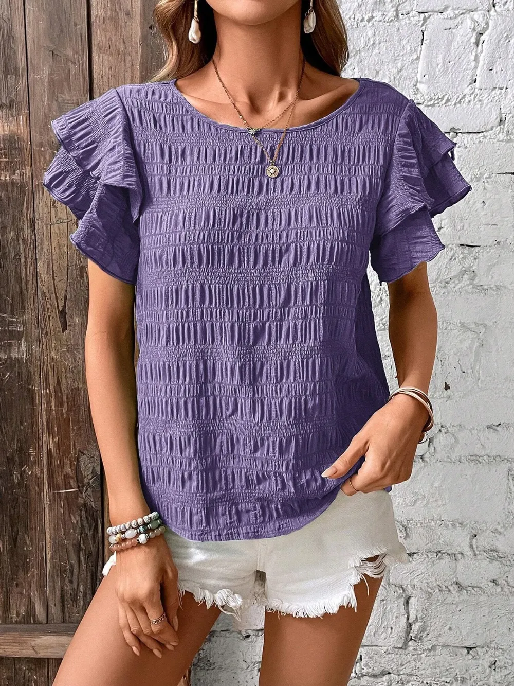 Round Neck Flounce Sleeve Blouse, image 22