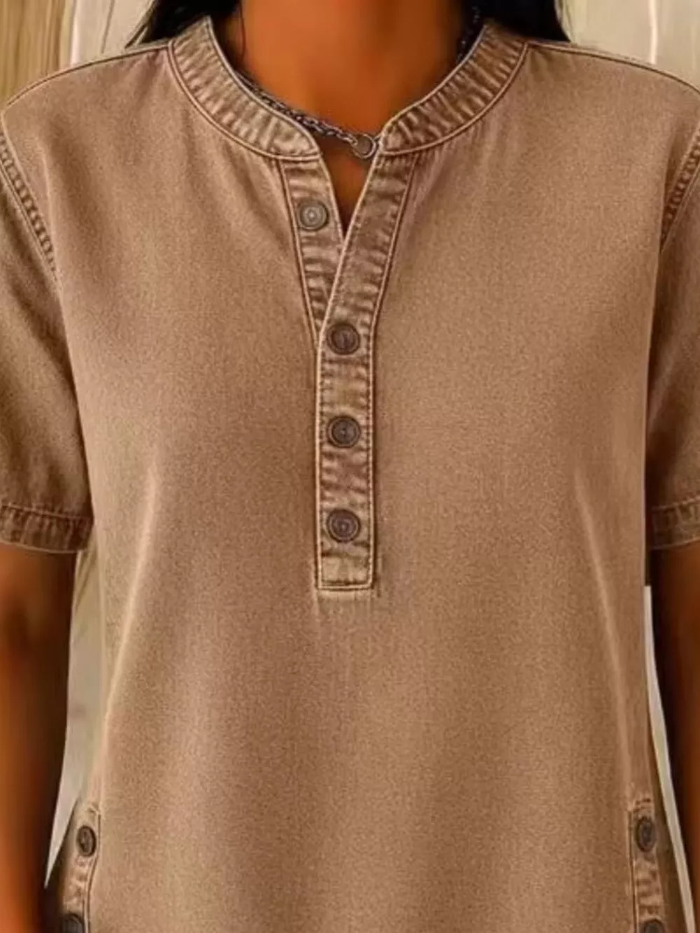 Full Size Button Detail Short Sleeve Blouse Plus Size, image 10