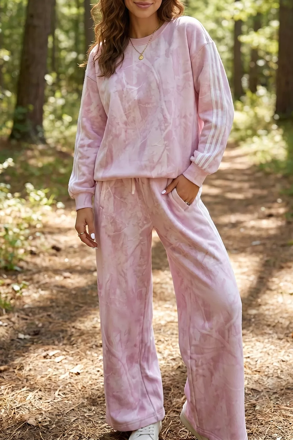 Abstract Print Side Stripe Detail Long Sleeve Top Loose Pants Set, image 4