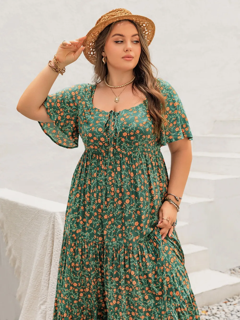 Plus Size Printed Short Sleeve Tiered Maxi Dress, image 7