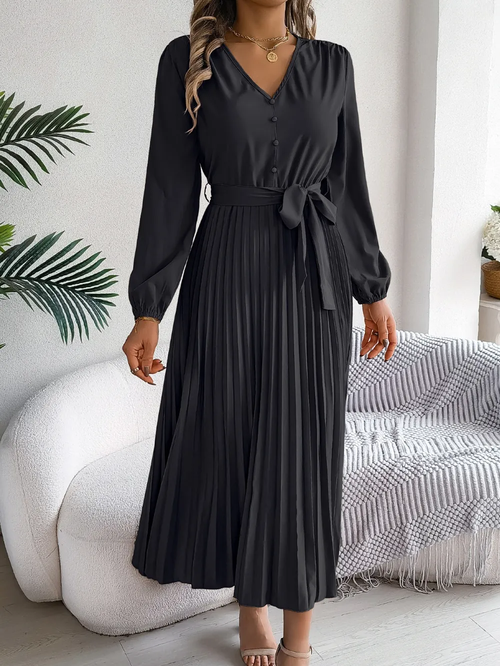 Pleated Tied V-Neck Long Sleeve Dress, image 28