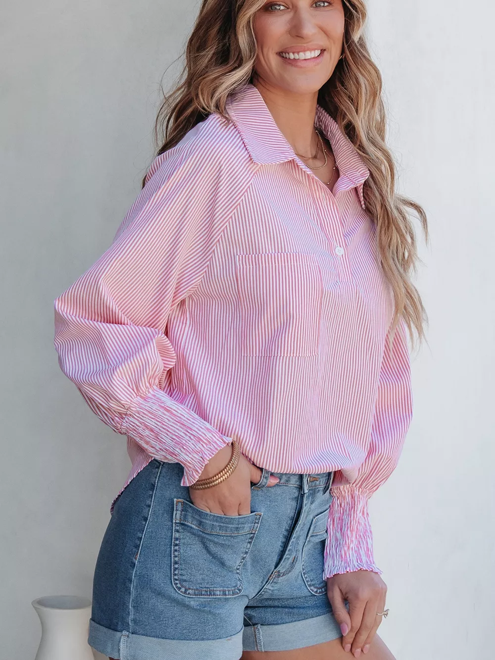 Pinstripe Long Sleeve Smocked Cuffs Button Shirt Collar Blouse, image 5