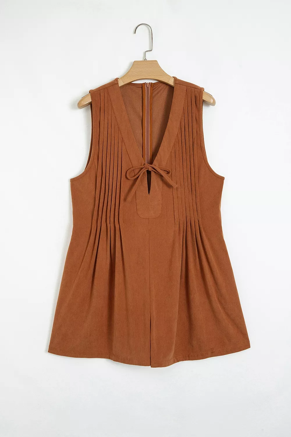 Solid Color Tie V Neck Sleeveless Corduroy Romper, image 8