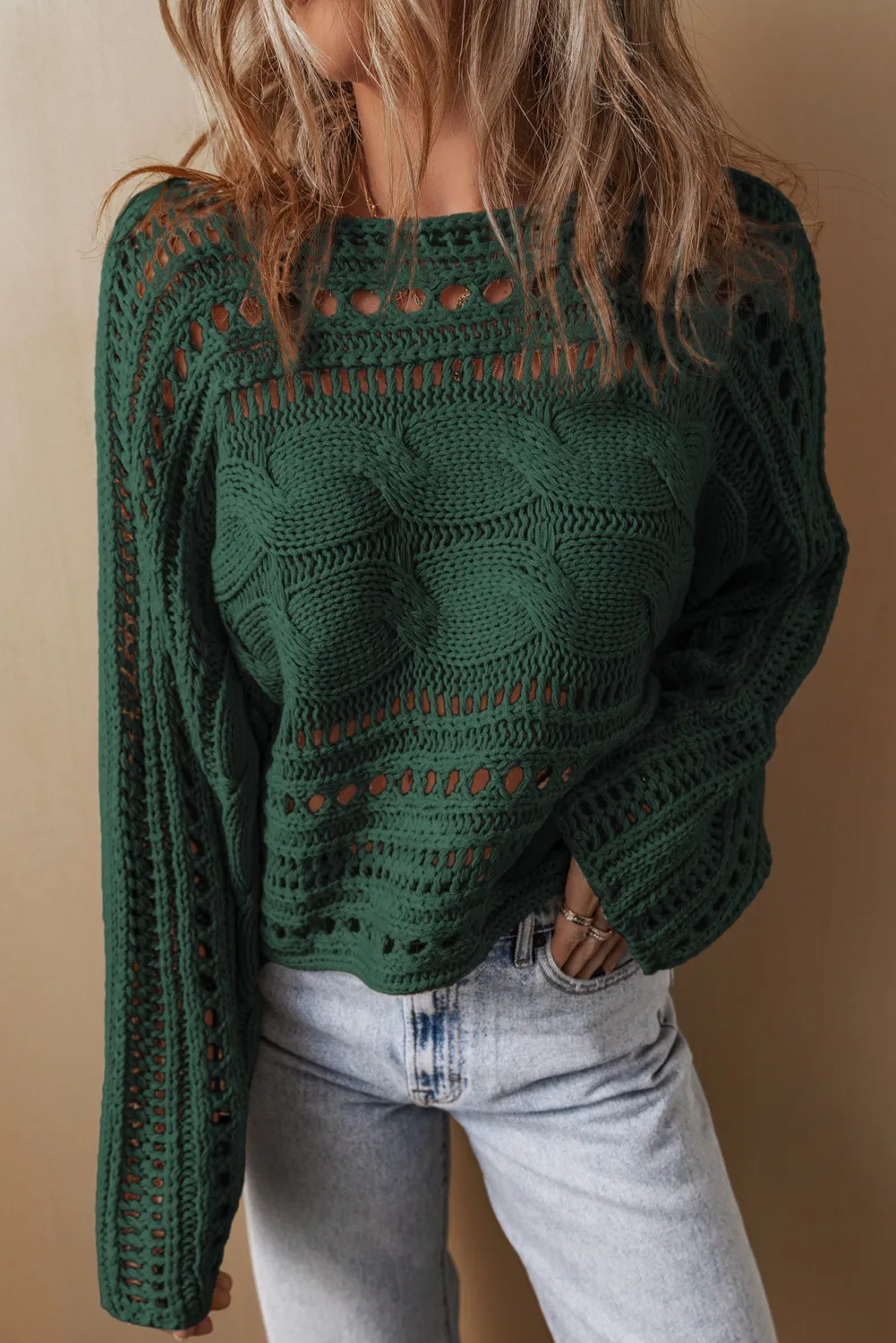 Cable-Knit Openwork Long Sleeve Sweater, image 5