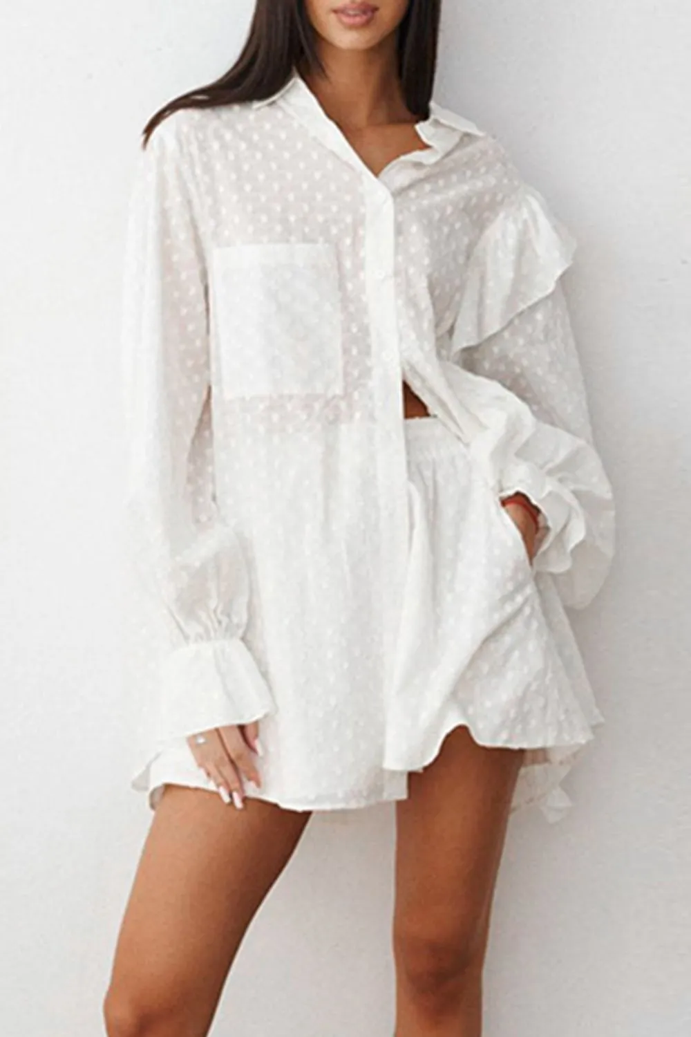 Ruffled Dot Applique Collared Neck Top and Shorts Set, image 4