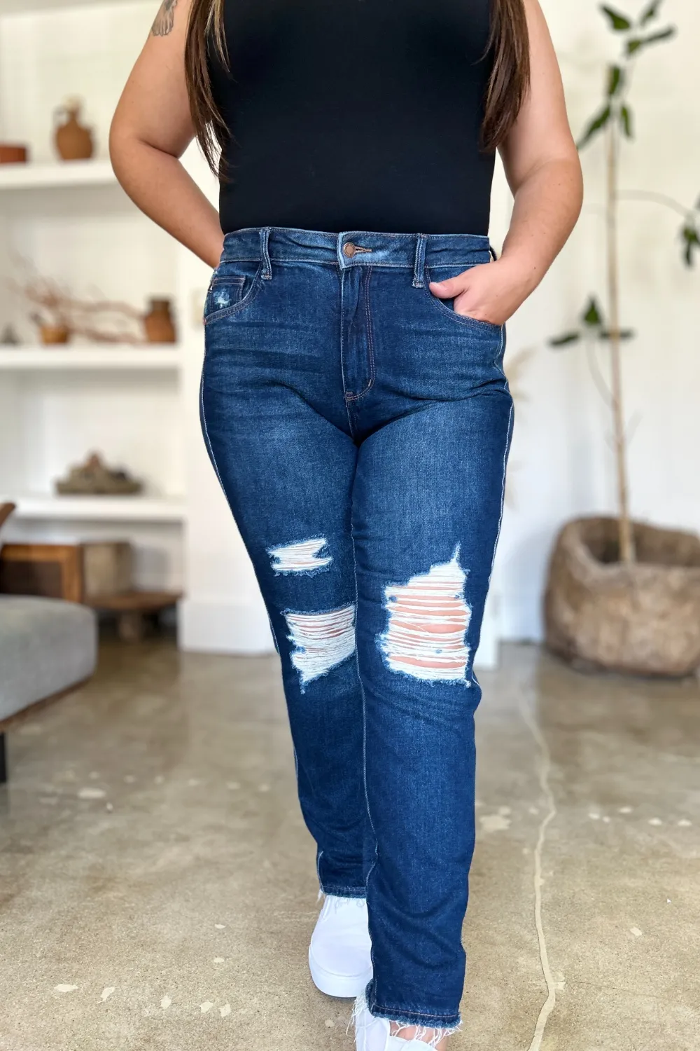 Full Size High Waist Rigid Magic Heavy Destroy Straight Jeans, image 11