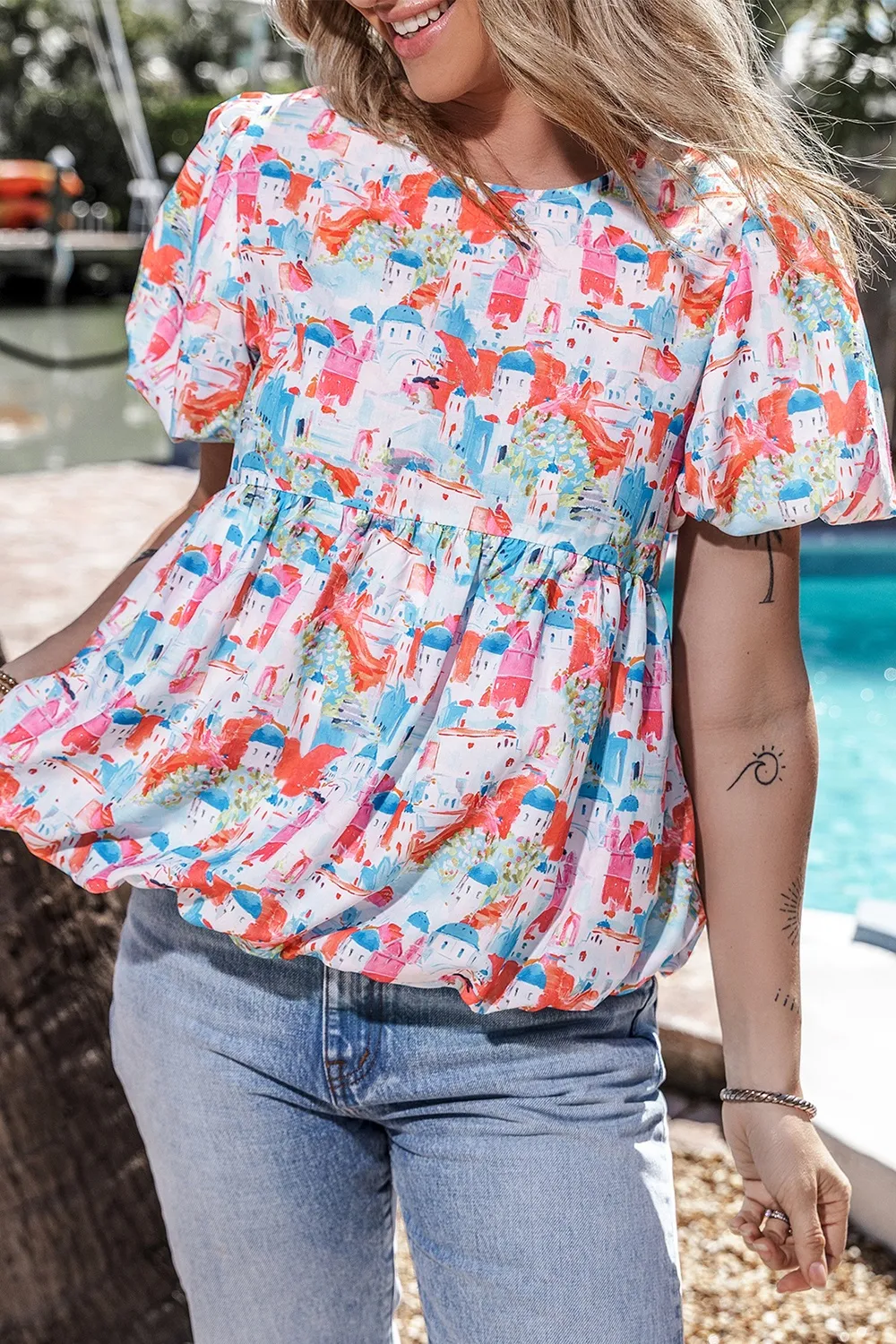 Printed Round Neck Puff Sleeve Blouse, image 6