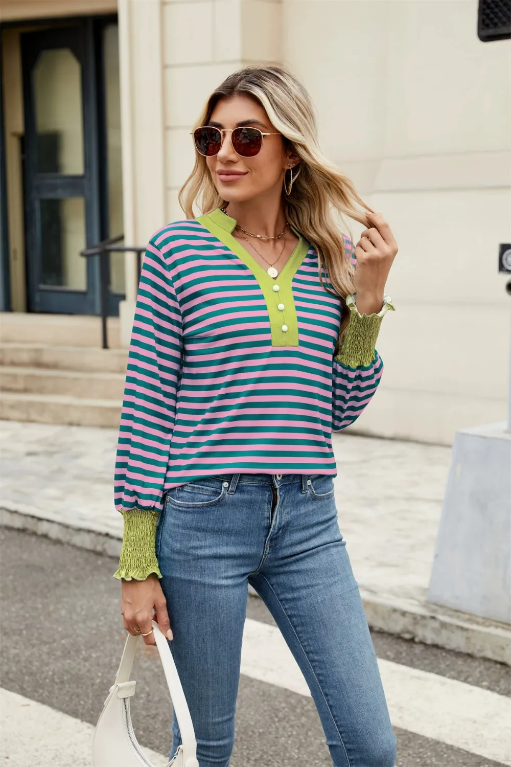 Contrast Striped Notched Long Sleeve Top, image 22