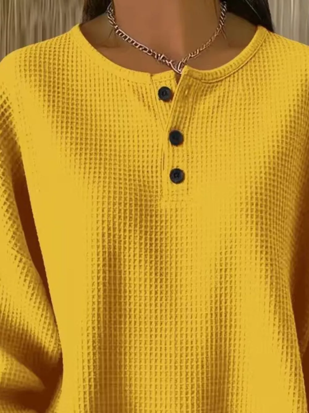 Full Size Casual Waffle Knit Button Detail Pullover Plus Size, image 3