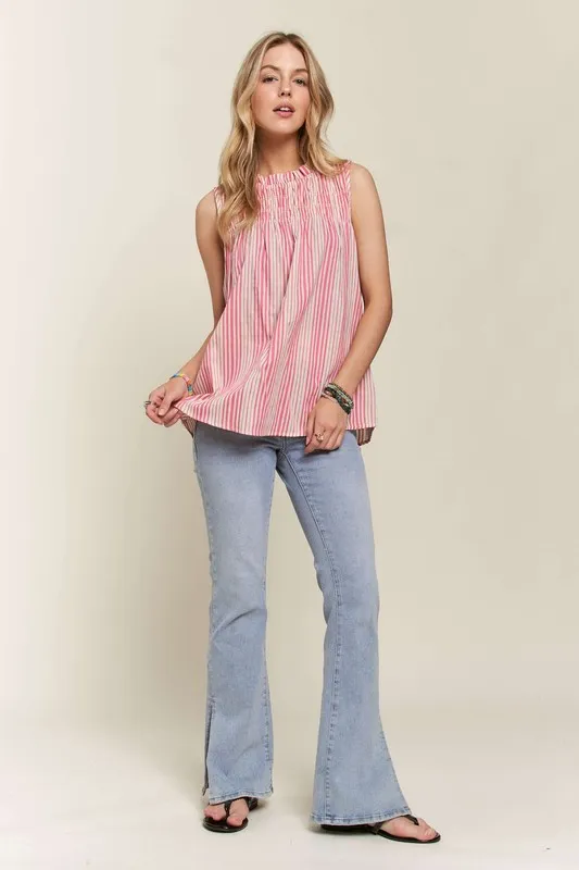 Contrast Striped Frill Round Neck Sleeveless Top, image 4