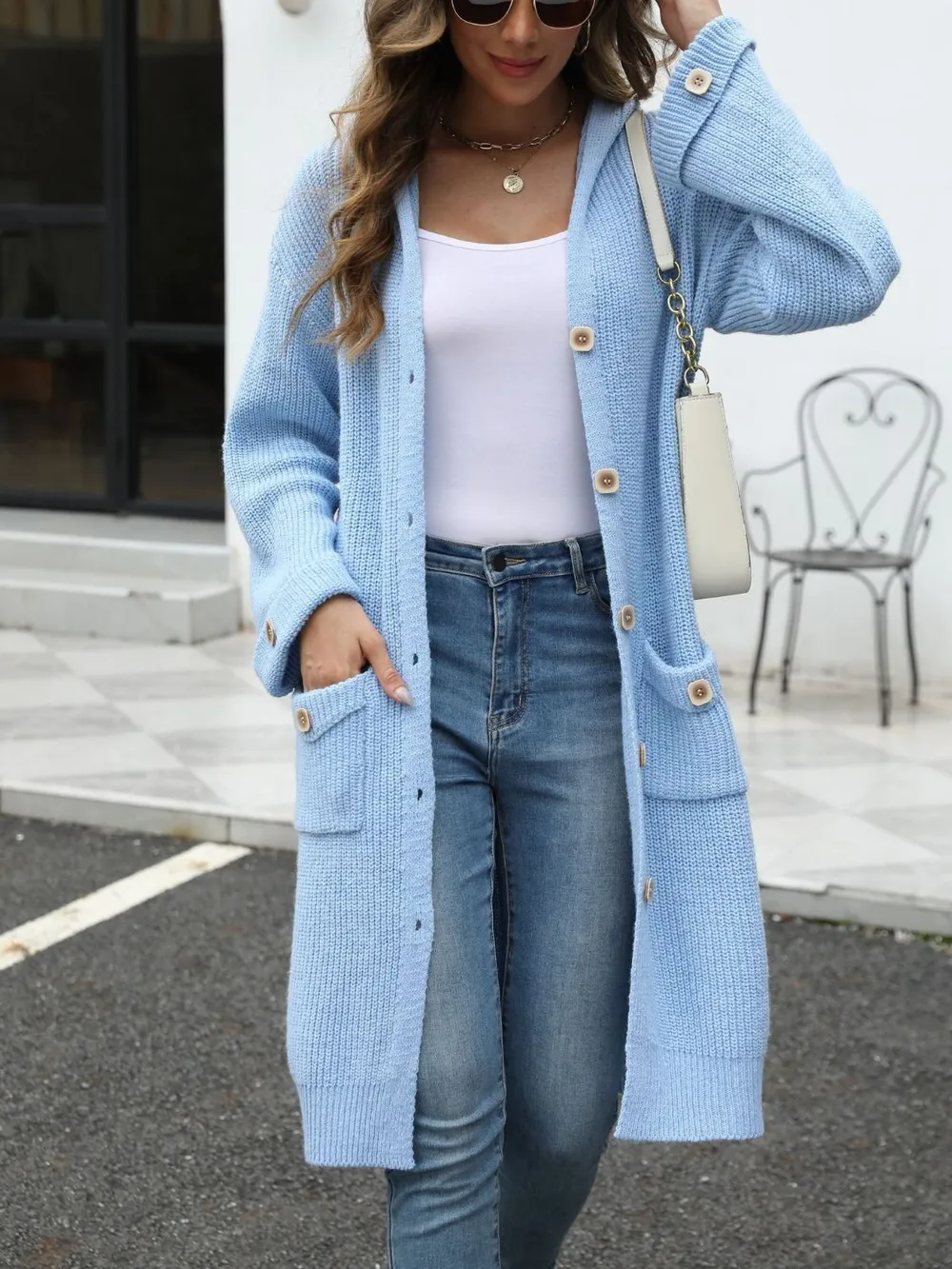 Pocketed Button Up Long Sleeve Hooded Cardigan, image 20