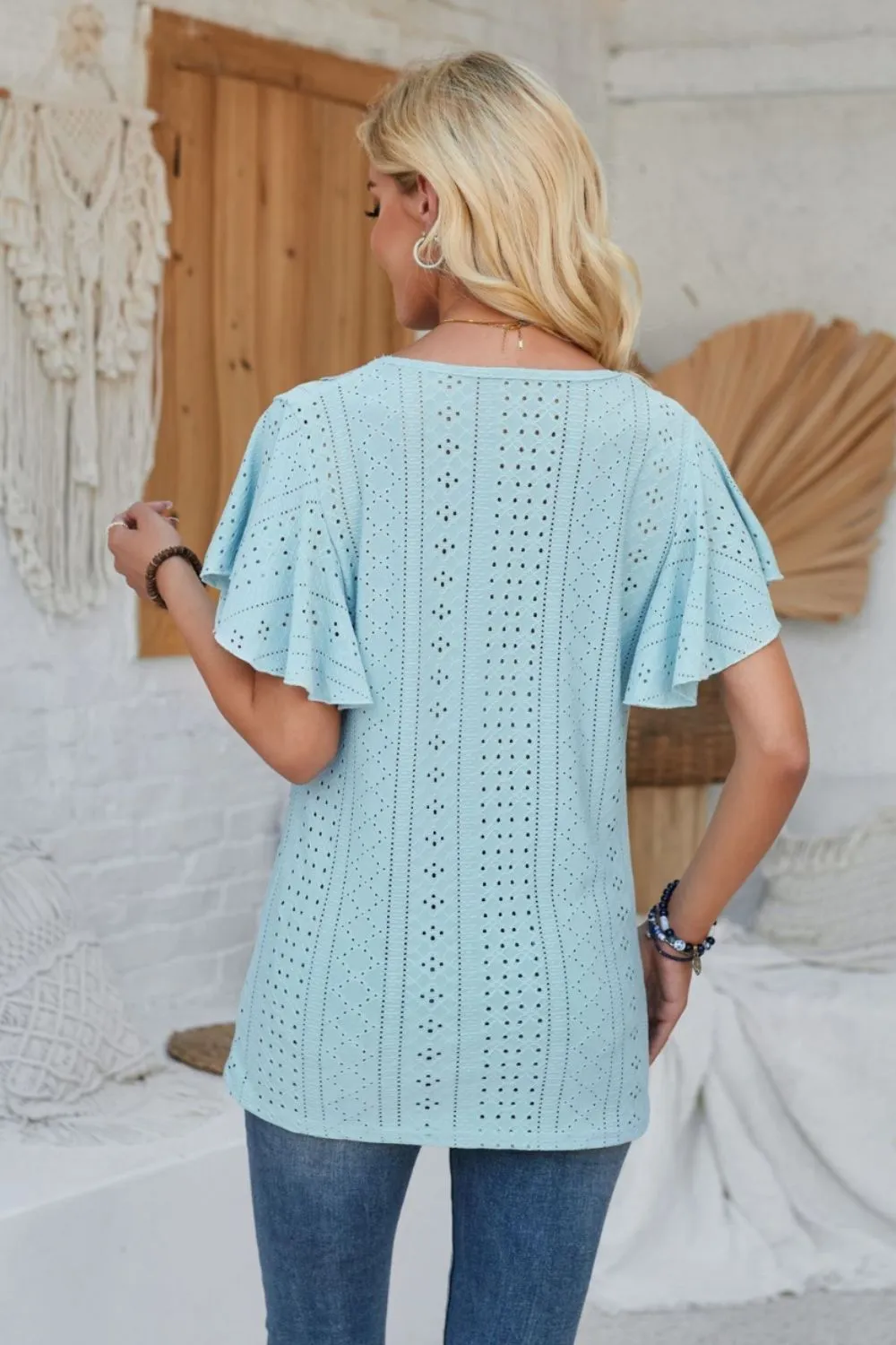 Eyelet Applique V-Neck Cap Sleeve T-Shirt, image 5