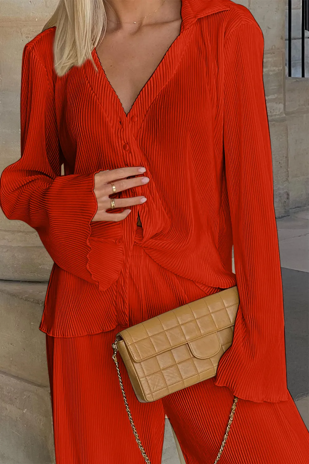 Textured Button Up Collared Neck Top and Pants Set, image 13