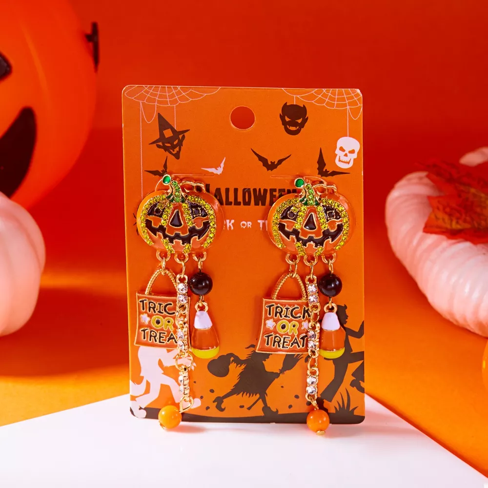 Halloween Rhinestone Pumpkin Drop Earrings, image 3