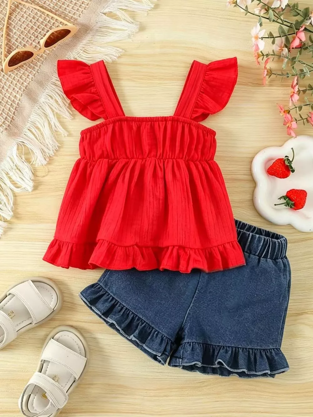 Children's Strawberry Crochet Trimmed Top and Denim Shorts Set, image 8