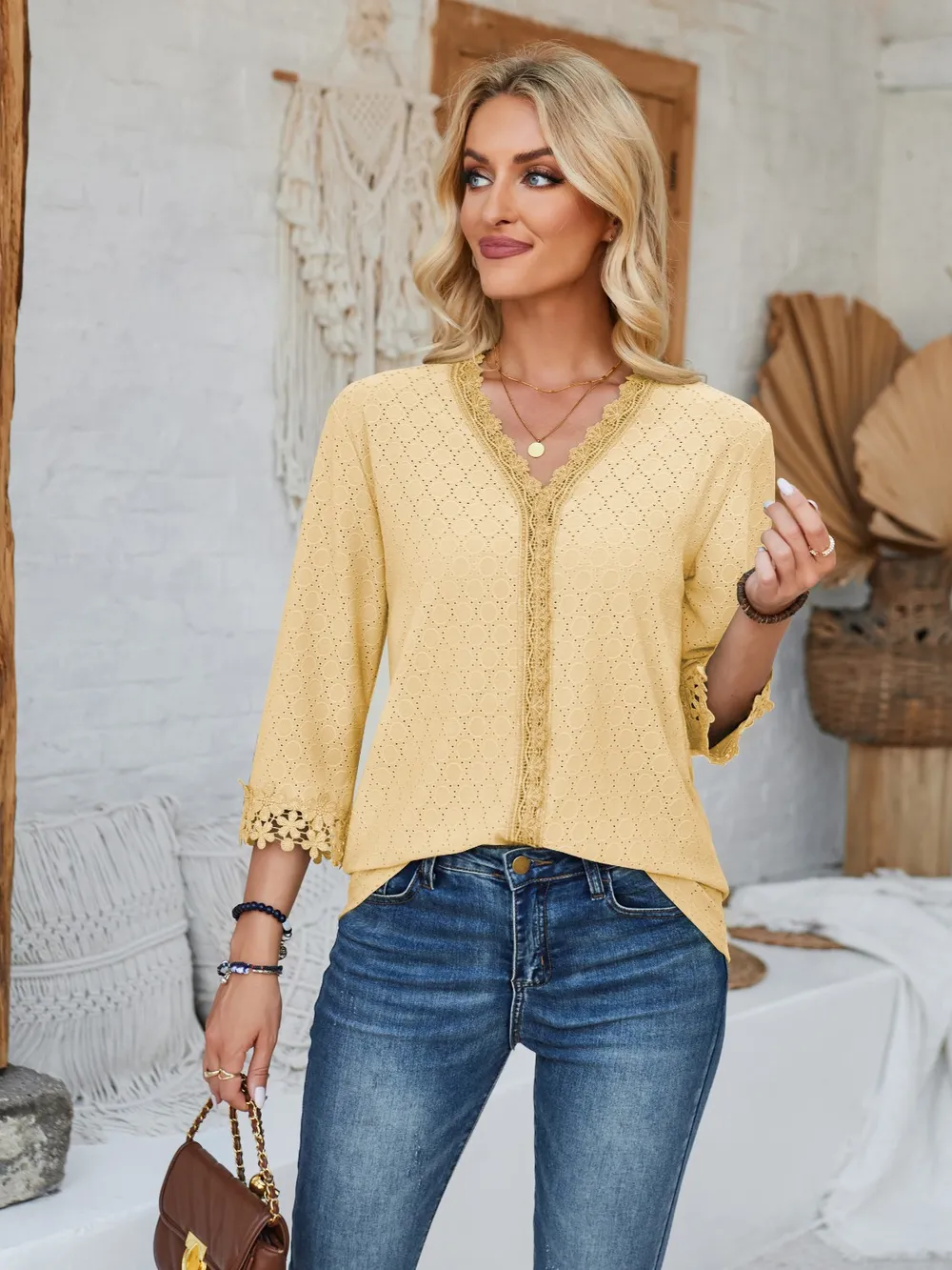 Lace Detail V-Neck Three-Quarter Sleeve Blouse, image 26
