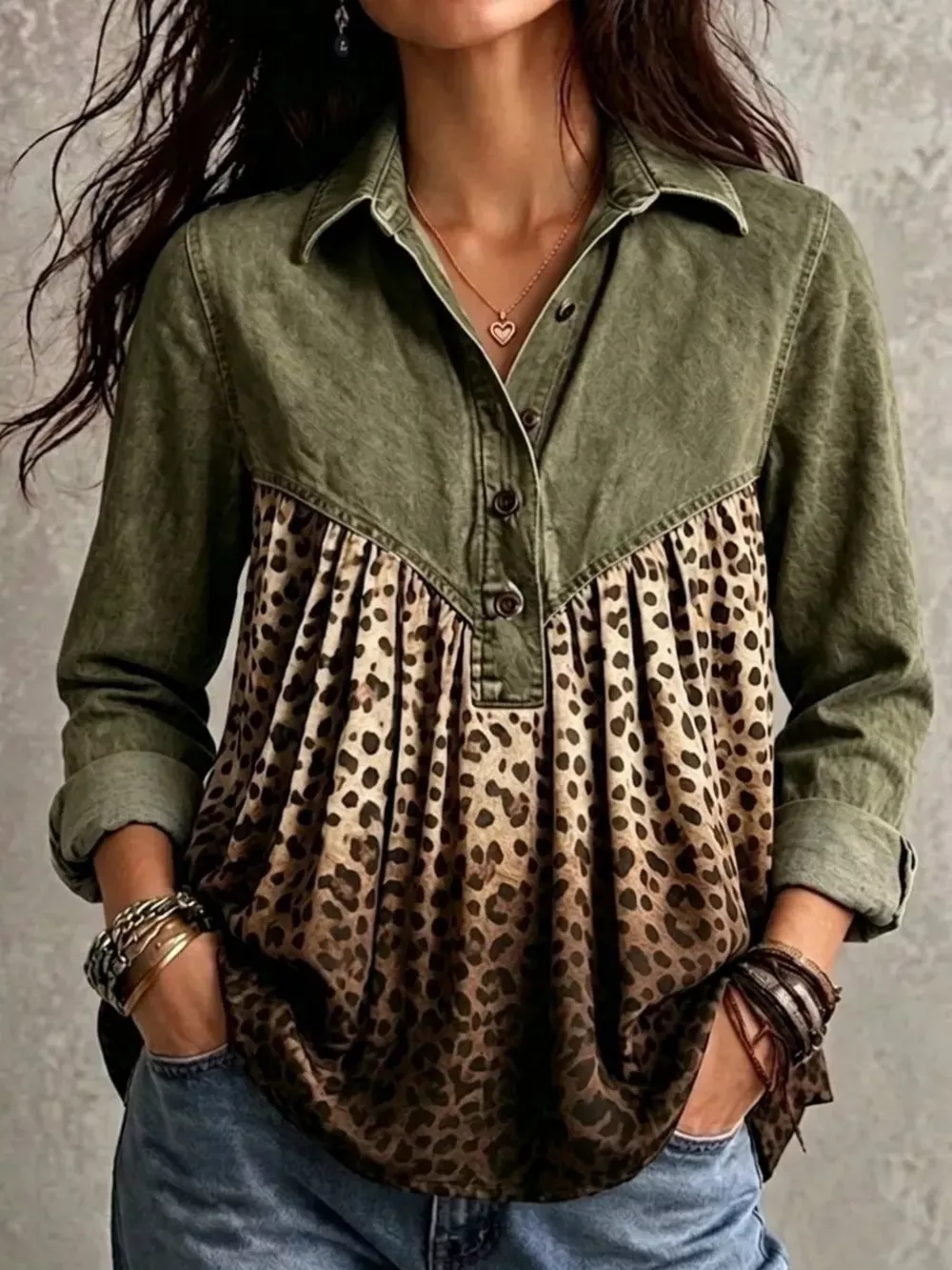 Full Size Leopard Button Detail Blouse Plus Size, image 8