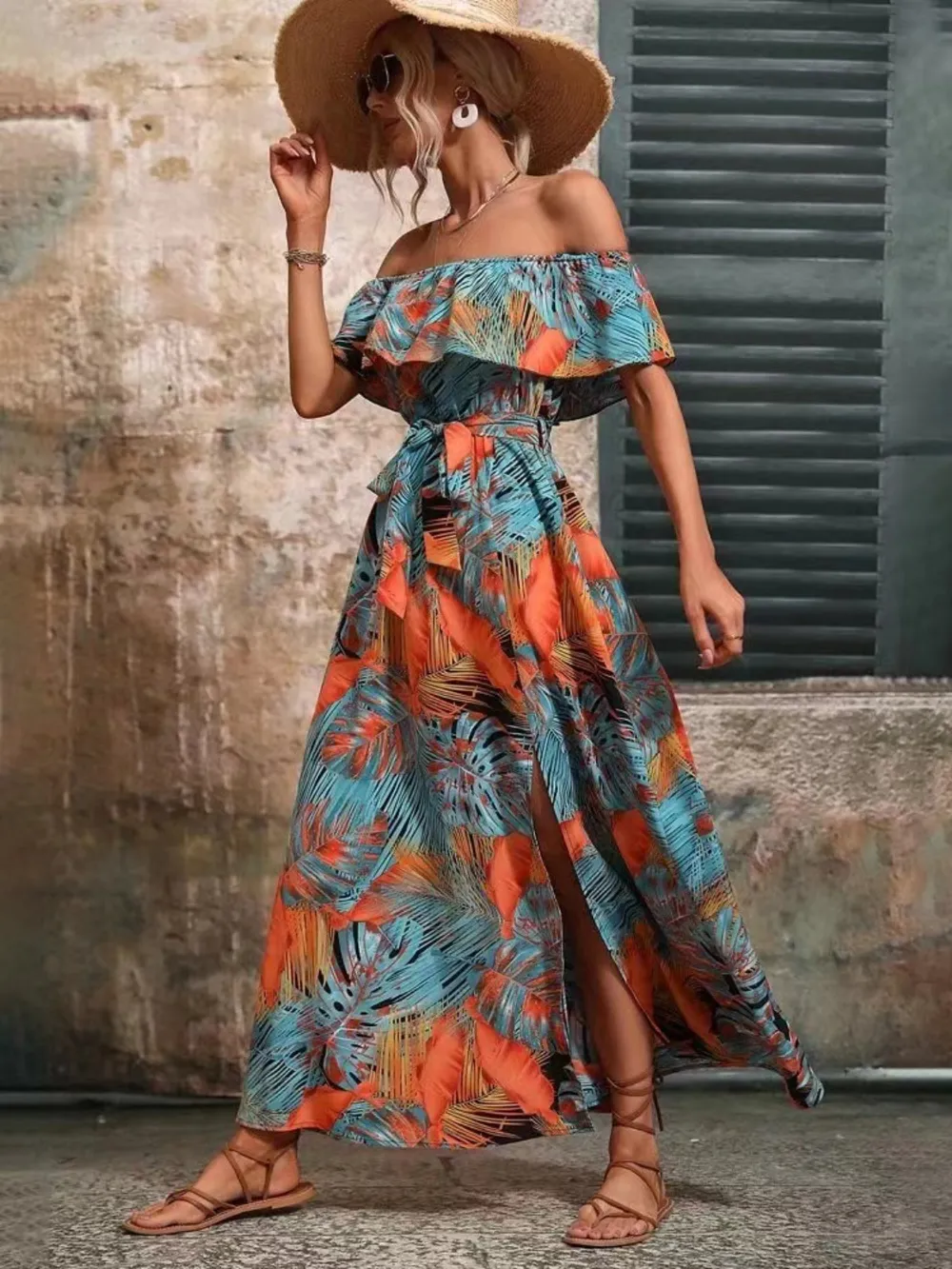 Ruffled Printed Off Shoulder Maxi Dress, image 16