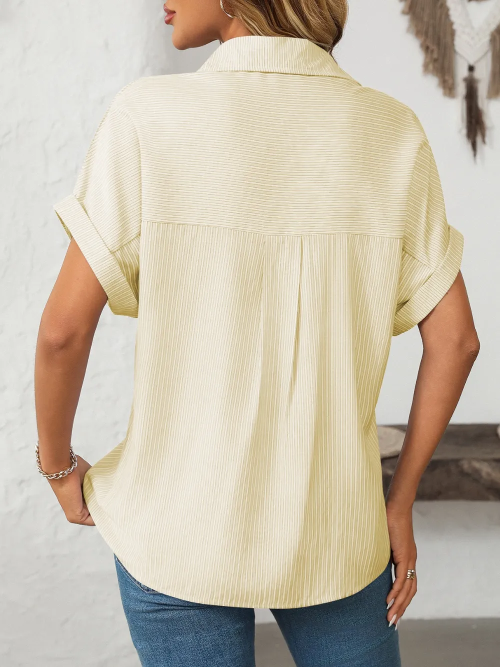 Pocketed Striped Collared Neck Short Sleeve Shirt, image 18