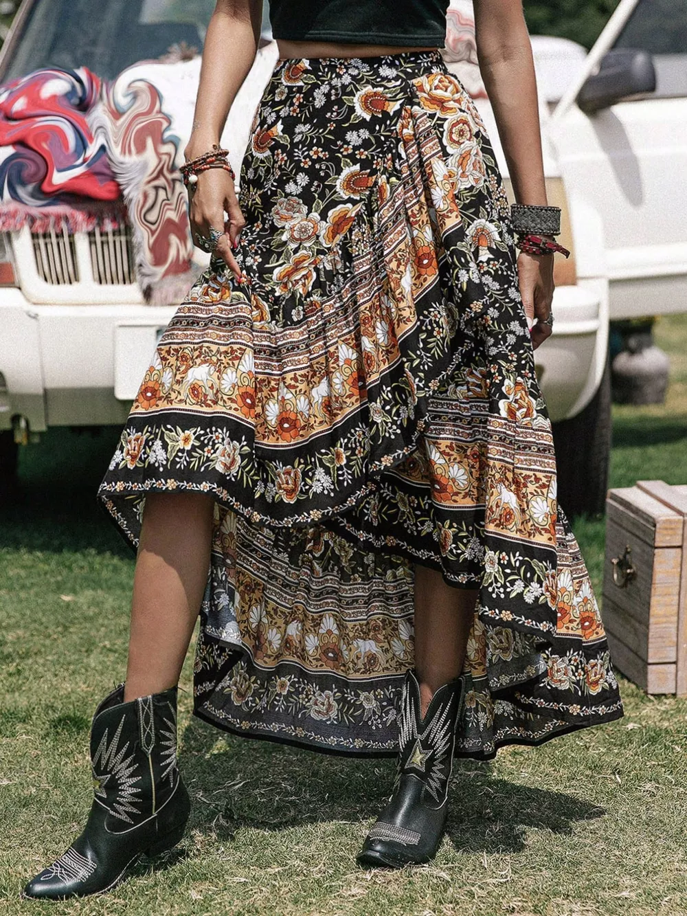 Plus Size Boho Floral Print High-Low Skirt, image 5