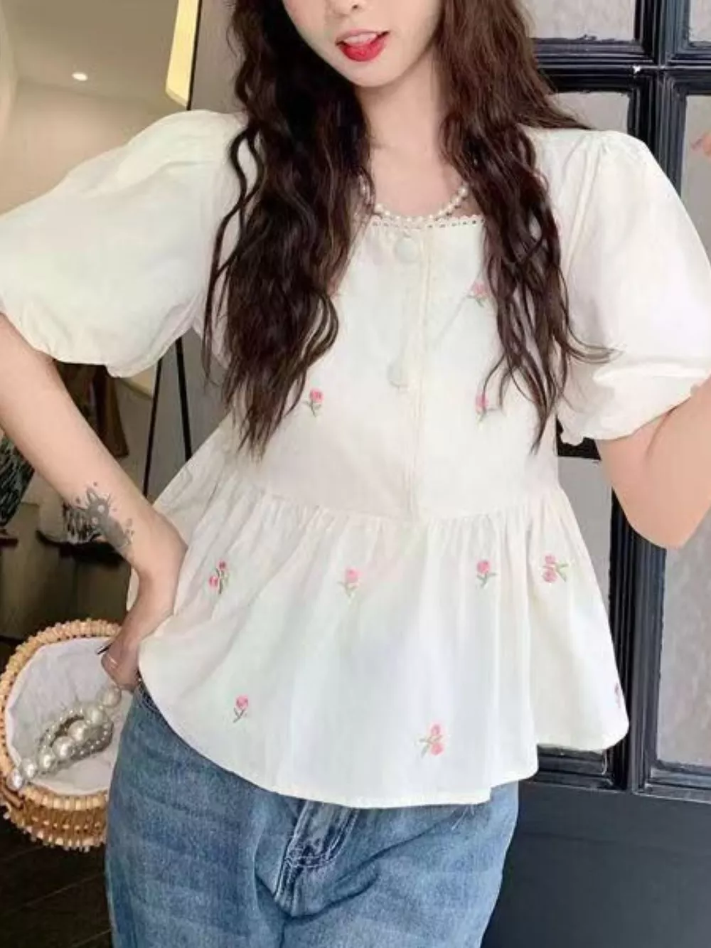 Floral Embroidered Puff Sleeve Peplum Blouse, image 7