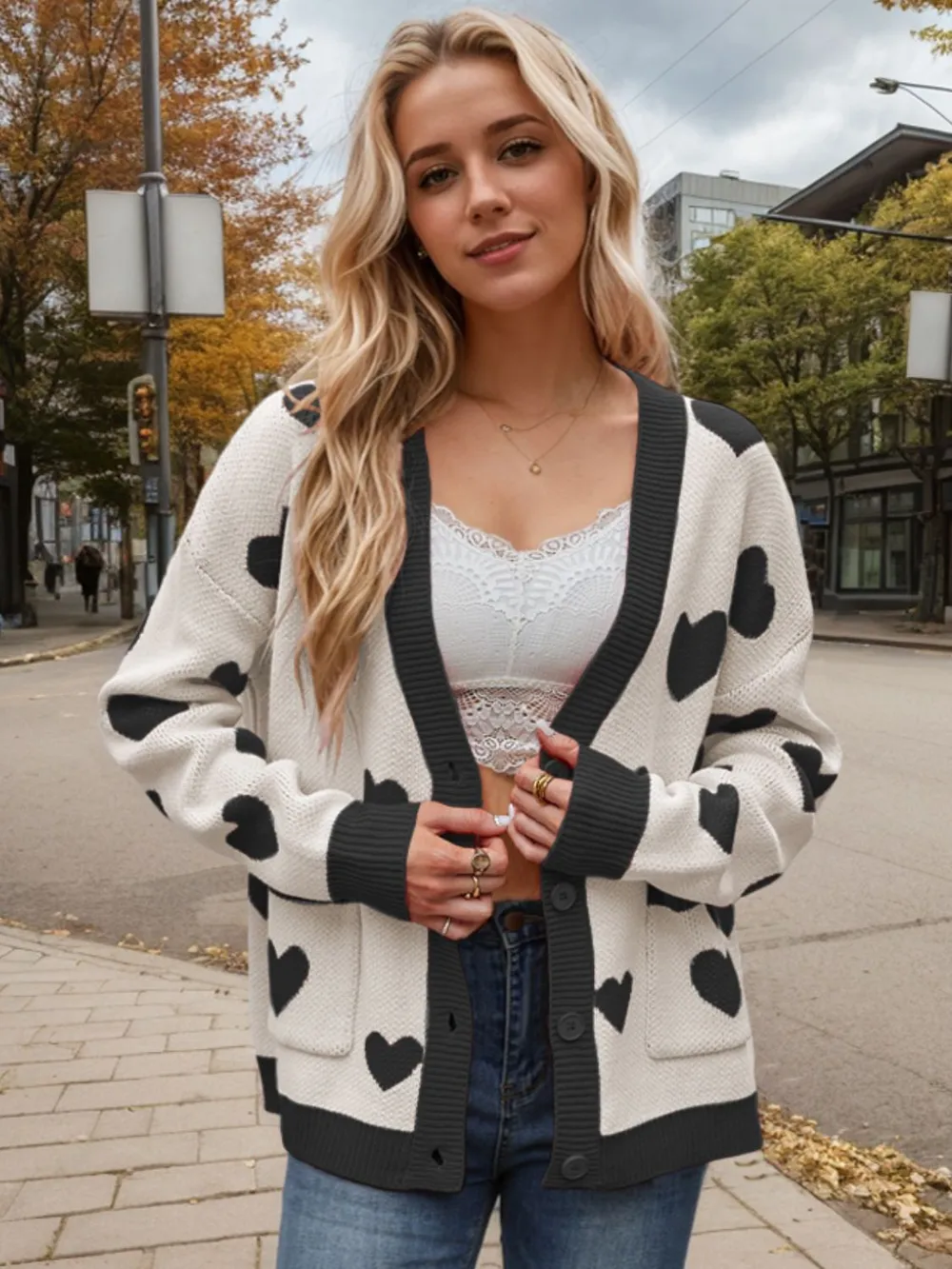 Heart Button Up Dropped Shoulder Long Sleeve Cardigan, image 14