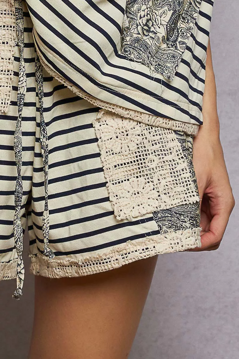 Drawstring Striped Shorts with Paisley and Crochet Patch Details, image 6