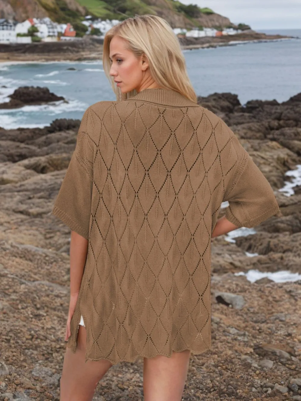 Button Down Eyelet Collared Neck Knit Shirt, image 17
