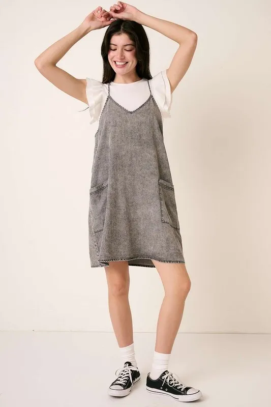 Washed Patch Pocket Mini Cami Denim Dress, image 5