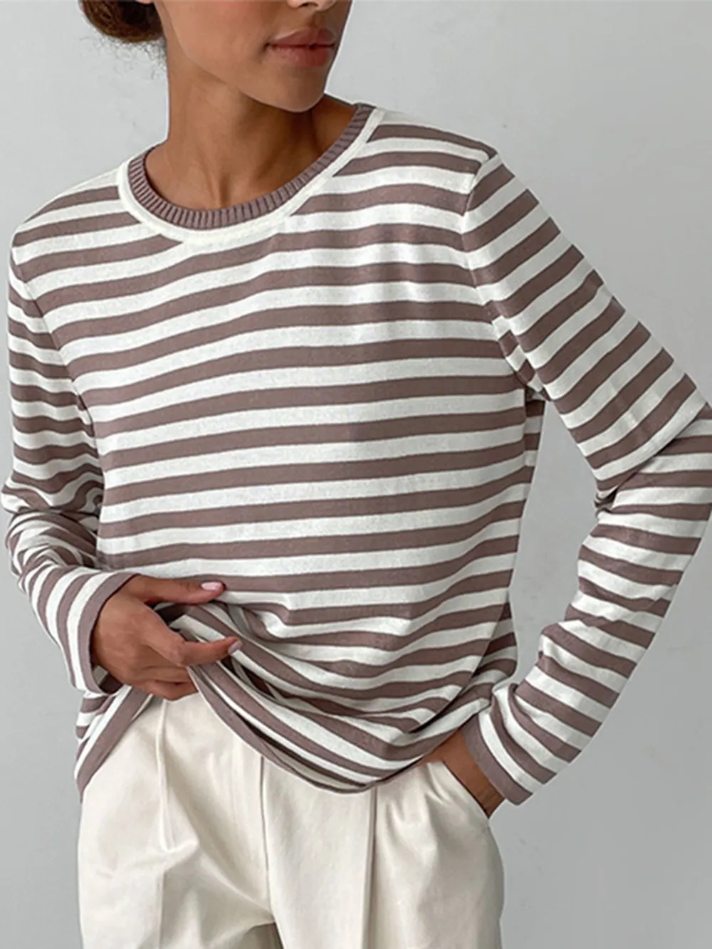 Striped Round Neck Long Sleeve Sweater, image 2