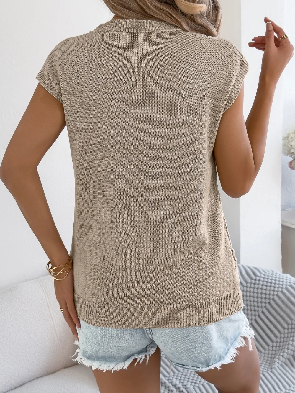 Round Neck Cap Sleeve Knit Top, image 13
