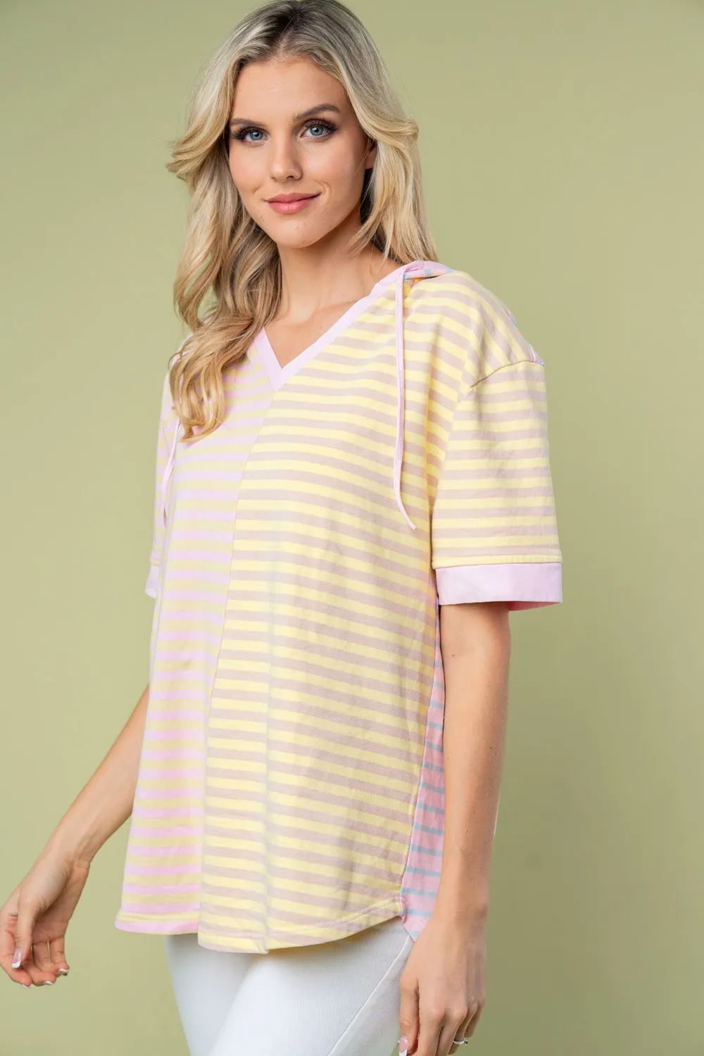 Full Size Striped Short Sleeve Drawstring Hooded Top, image 4