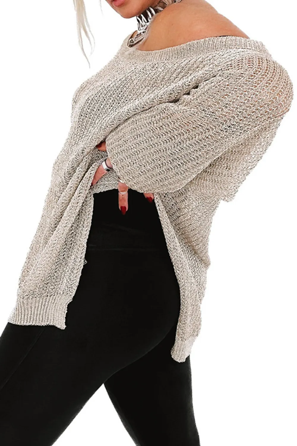 Side Slit Long Sleeve Knit Cover Up, image 6
