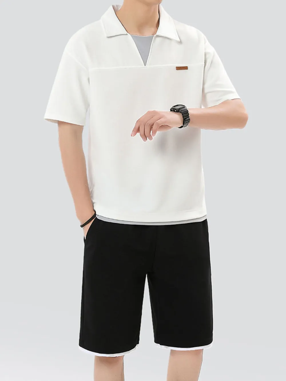 Men's Plus Size Johnny Collar Top and Shorts Set, image 4