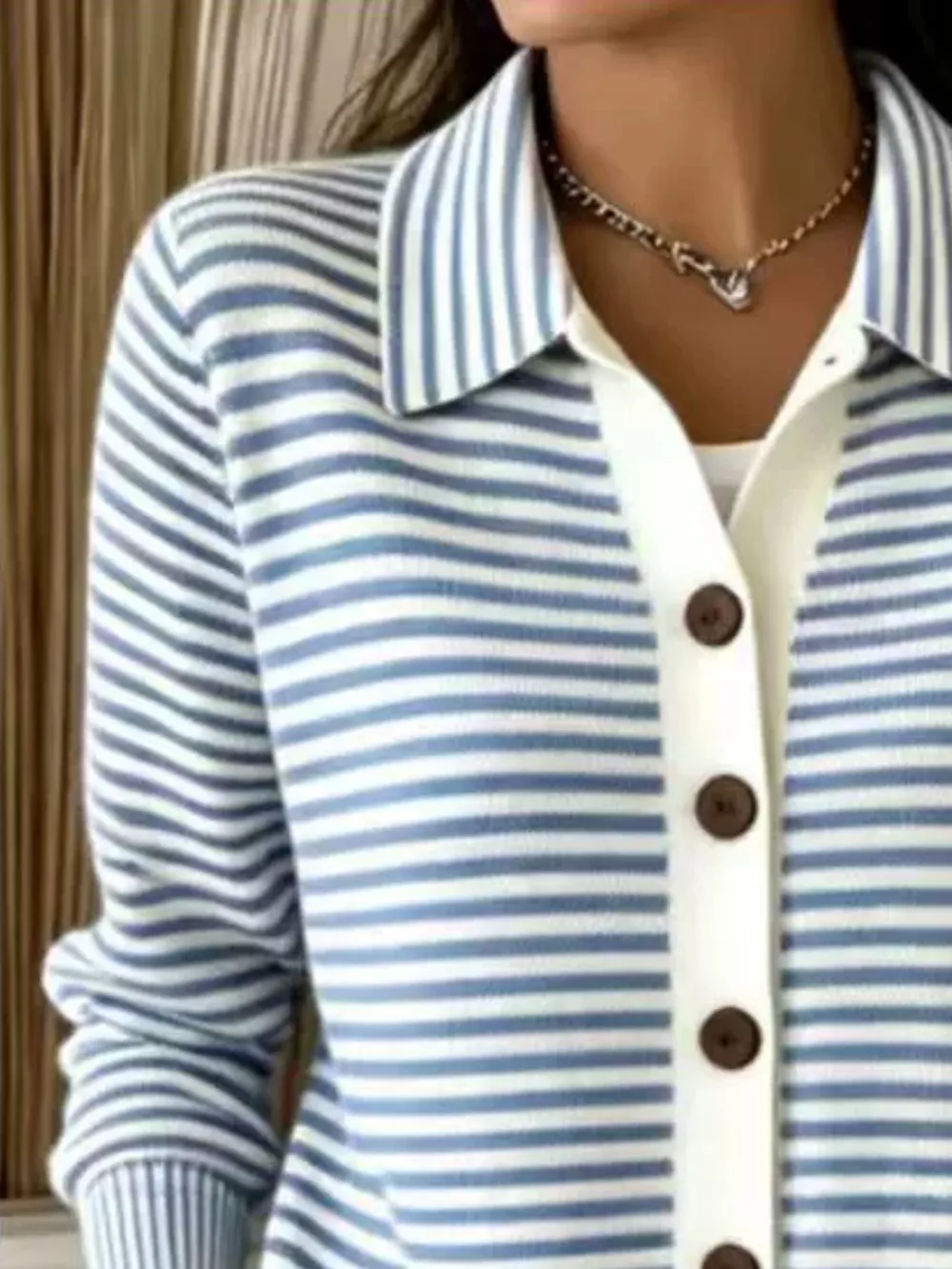 Striped Collared Button-Down Knit Cardigan, image 3