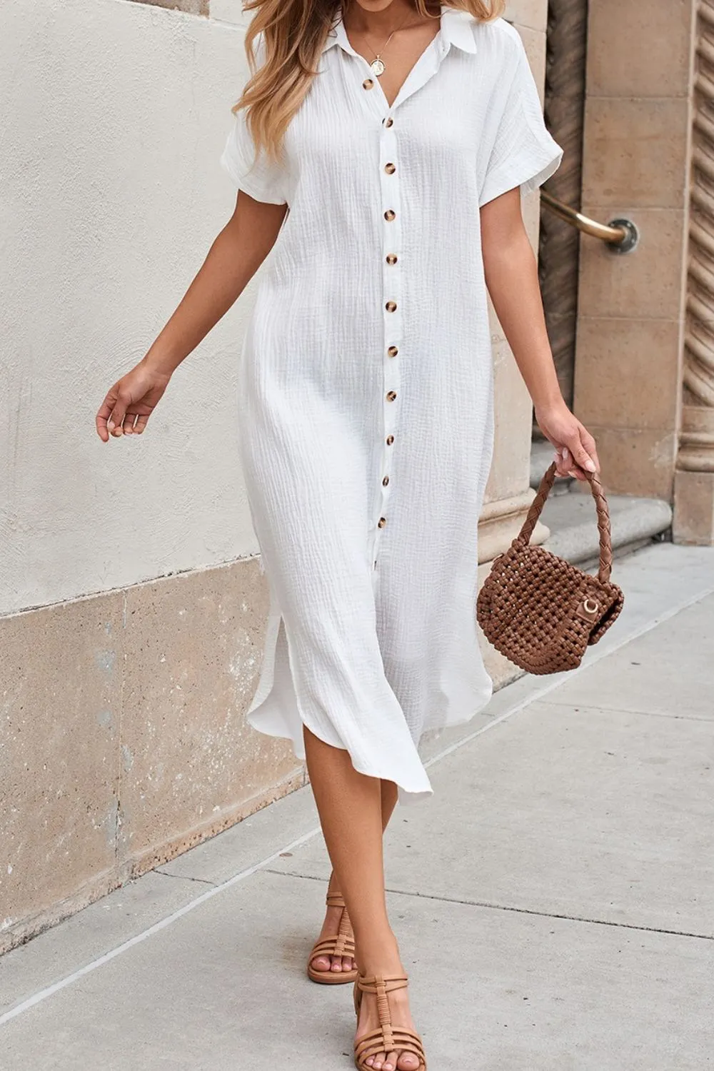 Button Down Short Sleeve Midi Shirt Dress, image 16