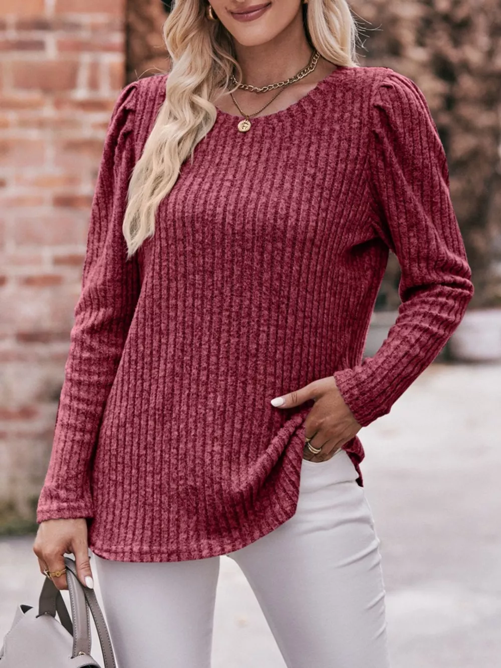 Ribbed Knit Puff Sleeve T-Shirt, image 21