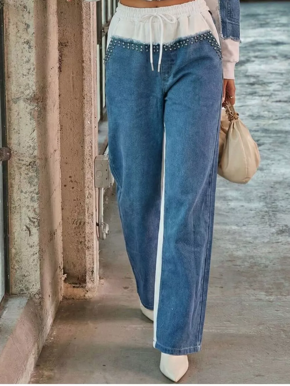 Full Size Studded Denim Patchwork Hoodie and Joggers Set Plus Size, image 6