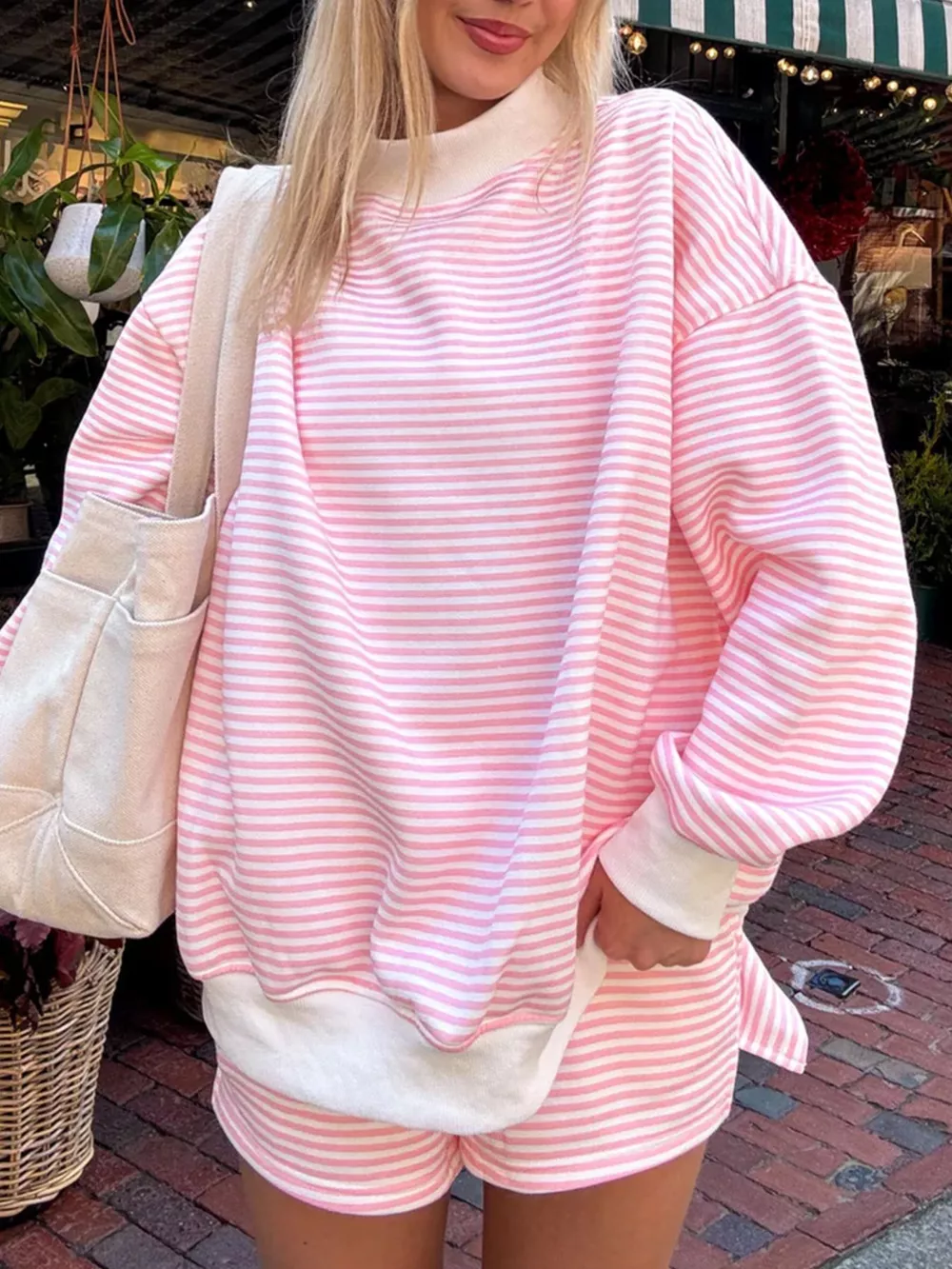 Striped Mock Neck Sweatshirt and Shorts Set, image 4