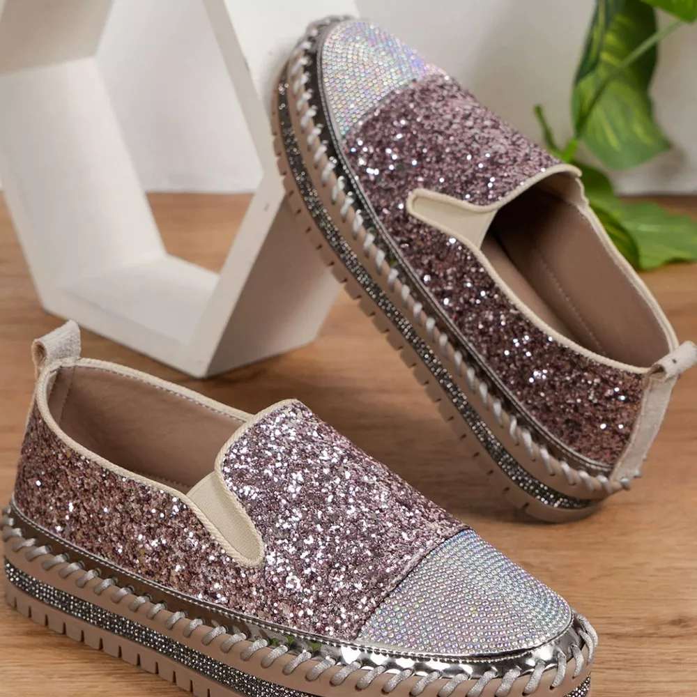 Rhinestone Sequin Round Toe Platform Loafers, image 9