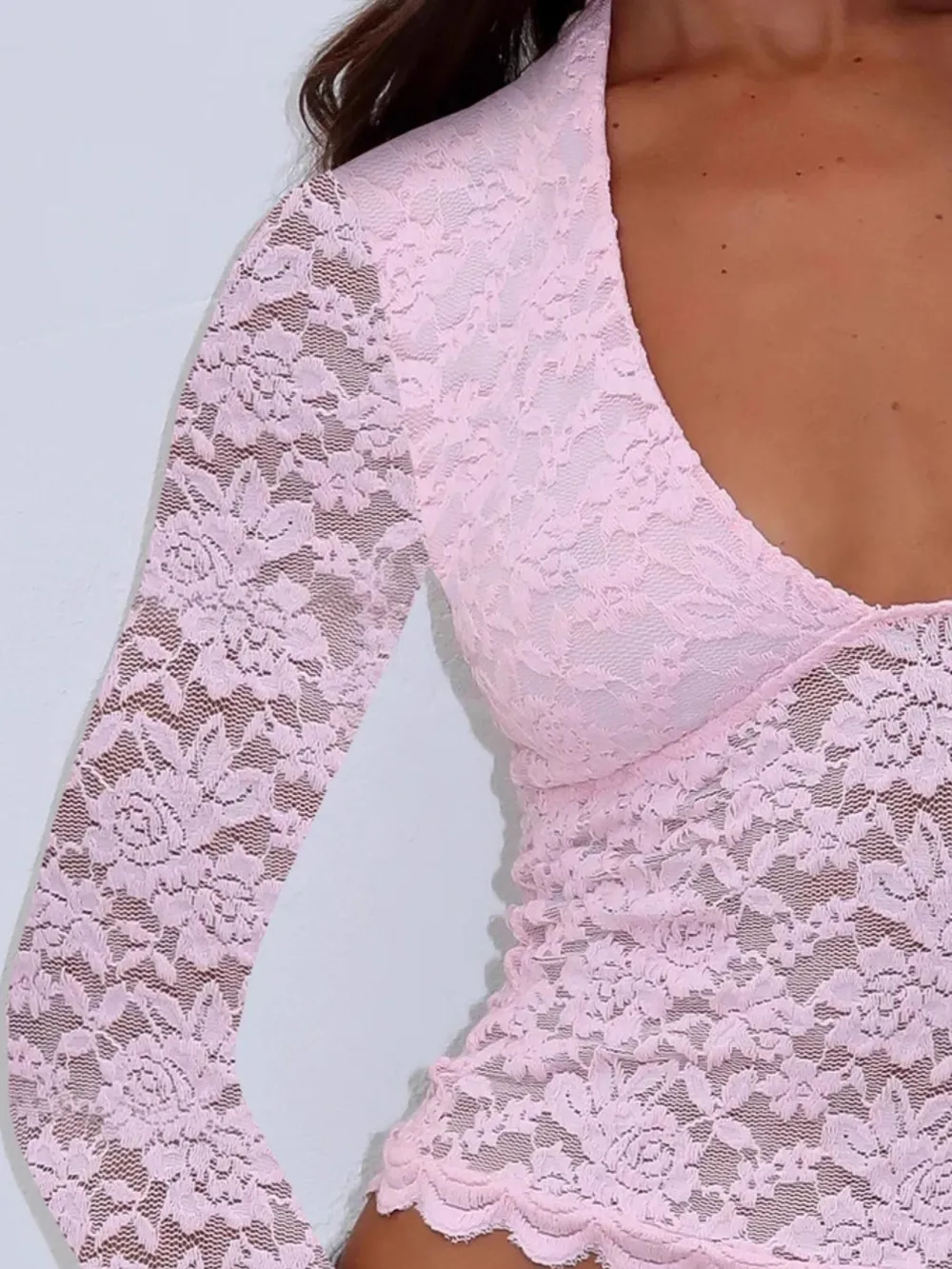Floral Lace Long Sleeve Deep V-Neck Blouse with Scalloped Hem, image 14