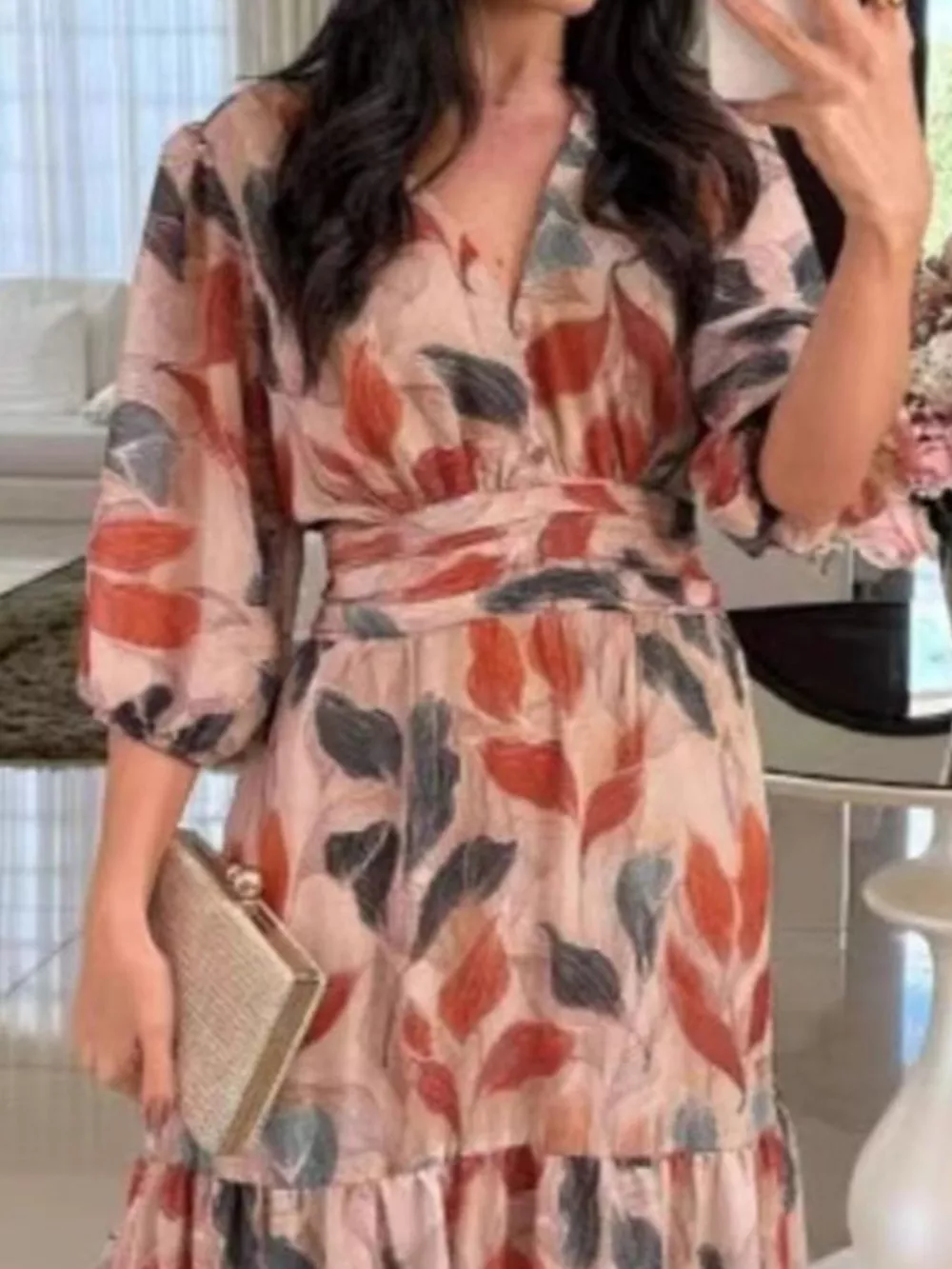 Full Size Printed V-Neck Maxi Dress with Tiered Hemline Plus Size, image 6