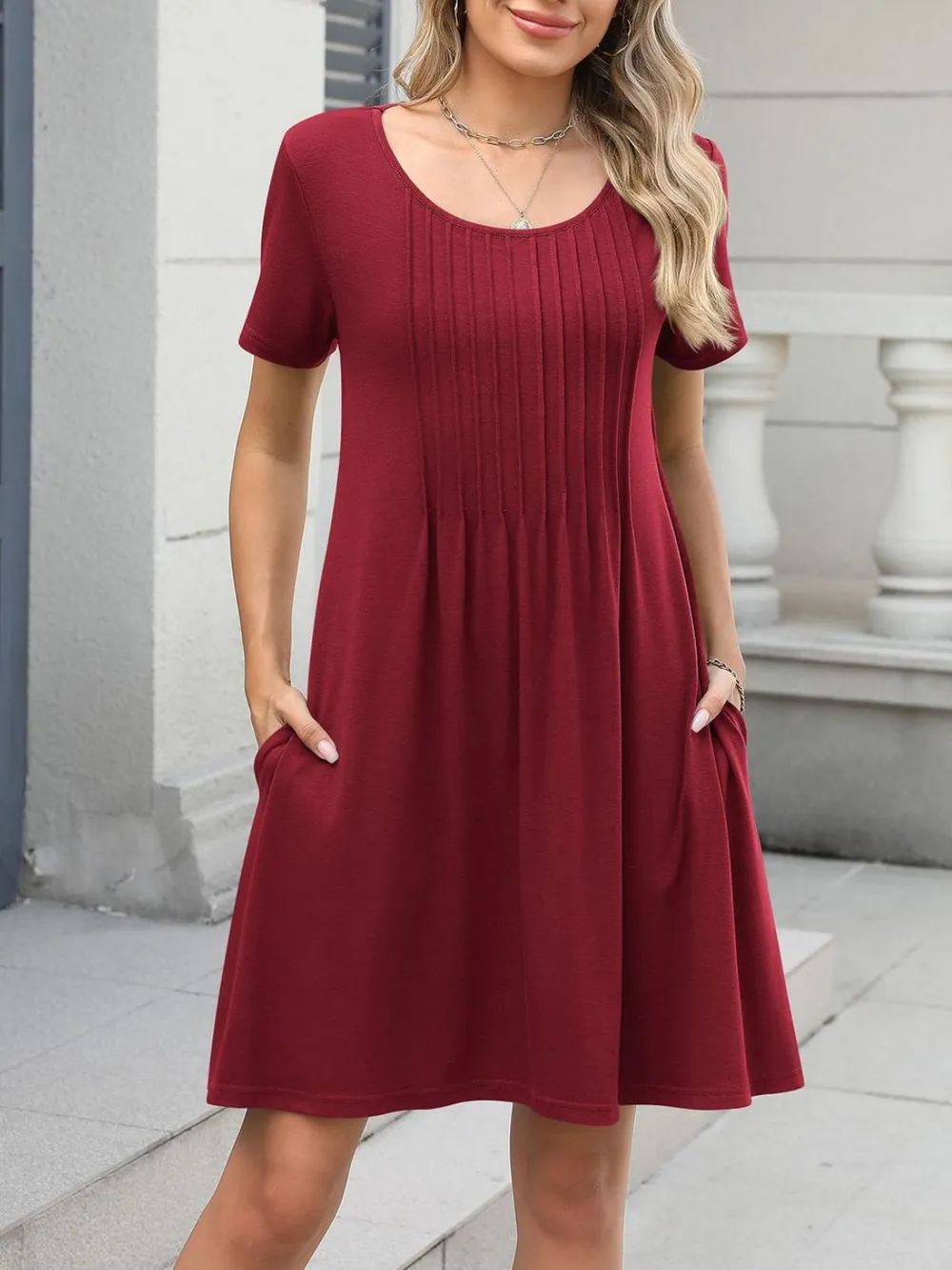 Pleated Front Round Neck Swing Dress, image 11
