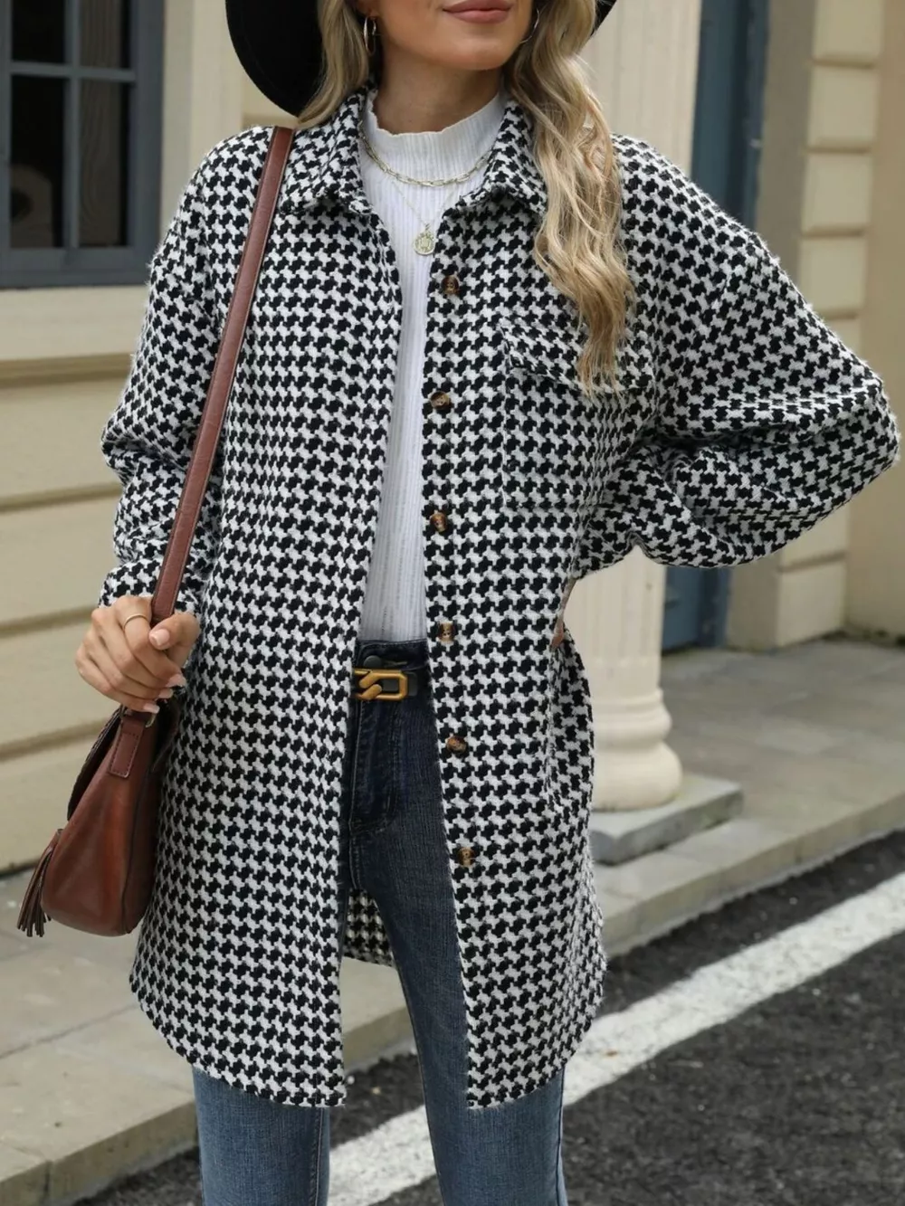 Houndstooth Button Up Long Sleeve Coat, image 2